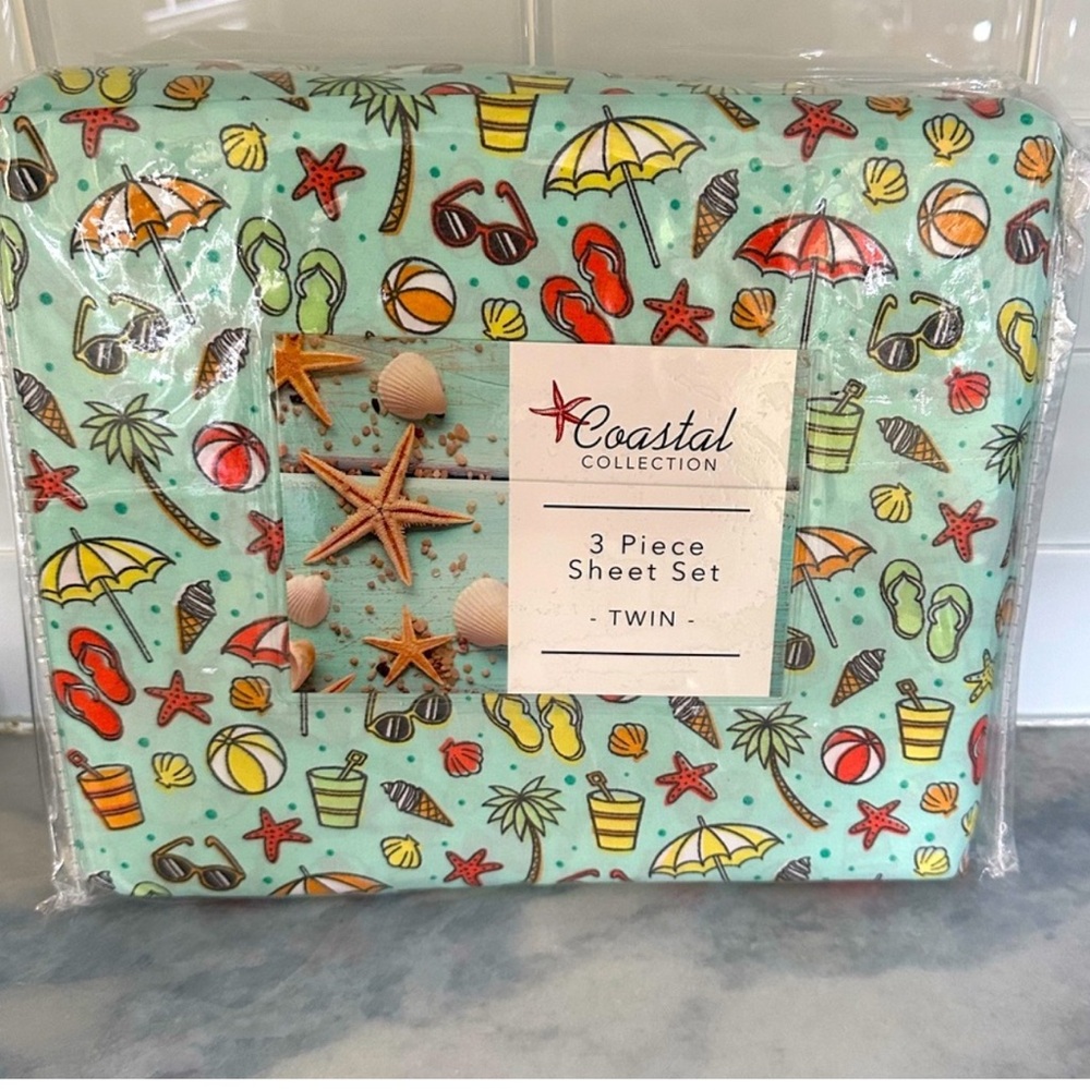 Coastal Collection Twin Sheet Set Summertime Fun Aqua New!